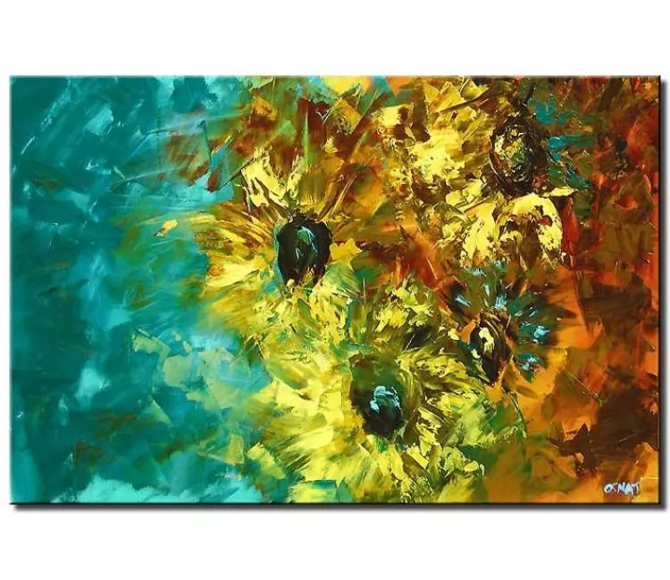 floral painting - big yellow flowers painting on canvas modern textured turquoise abstract floral painting for living room
