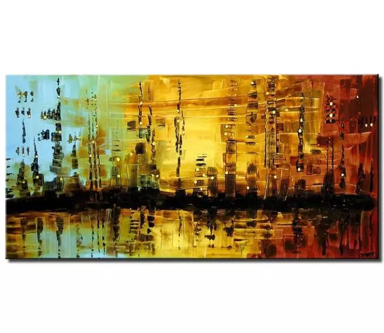 cityscape painting - light blue yellow modern abstract city painting original textured shoreline art on canvas
