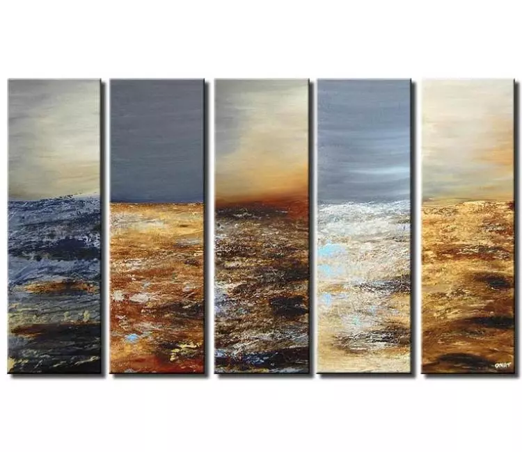 landscape paintings - big neutral abstract painting on canvas modern landscape seascape textured art in light blue brown earth tone colors