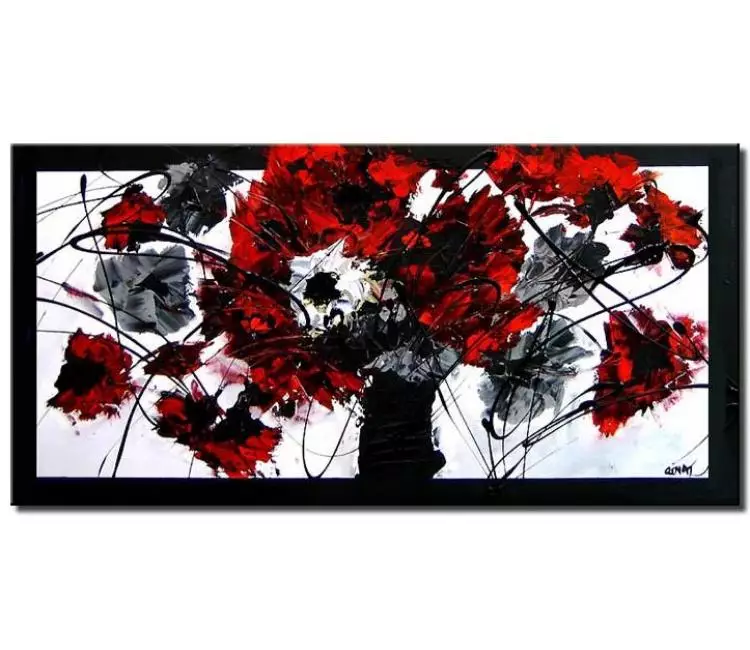 floral painting - big modern abstract flowers in vase painting on canvas textured red white black abstract floral painting for living room