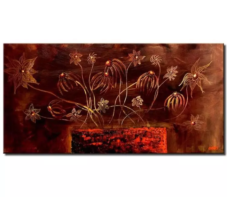 floral painting - brown red abstract floral painting on canvas modern textured flowers art for living room