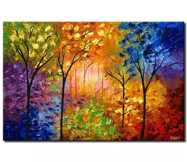 forest painting - modern abstract forest trees art on canvas textured colorful blooming trees contemporary wall art