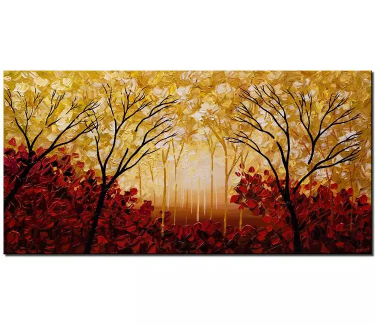 forest painting - red gold forest landscape painting on canvas modern textured trees art for living room