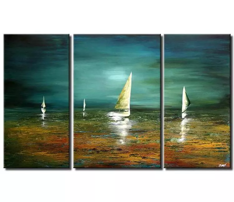 sailboats painting - big teal abstract seascape painting large canvas art modern sailboats painting in ocean calming wall art
