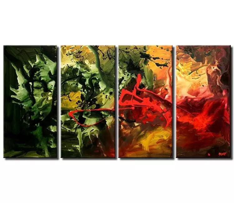 fluid painting - big green red modern abstract painting for living room original large canvas wall art