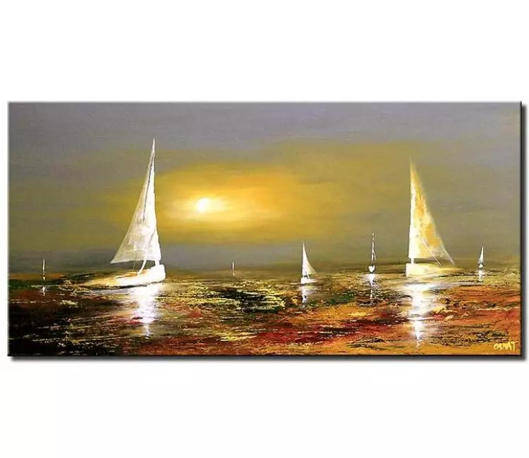 sailboats painting - contemporary abstract seascape painting yellow grey large canvas art modern sailboats painting in ocean calming wall art