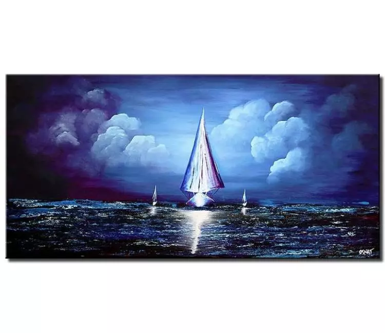 sailboats painting - blue abstract seascape painting large canvas art modern sailboats painting in ocean calming wall art