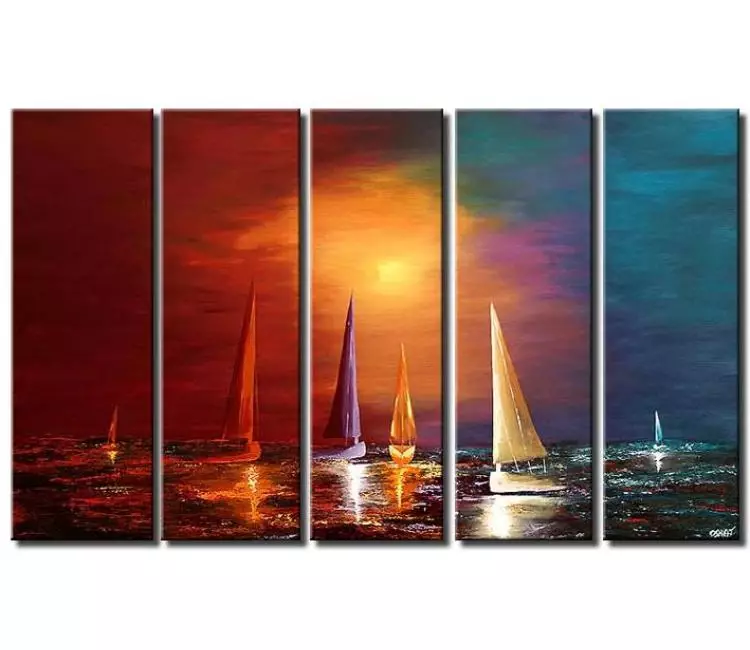 sailboats painting - big colorful modern sailboats painting in ocean original seascape painting on canvas calming wall art