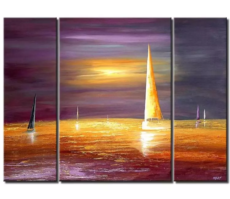 sailboats painting - purple modern sailboat painting in ocean original seascape painting on canvas calming wall art