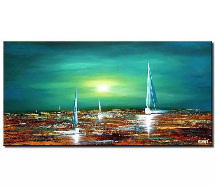 sailboats painting - turquoise seascape painting on canvas modern sailboats painting in ocean contemporary textured abstract art