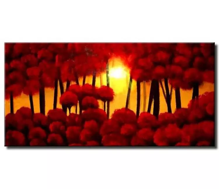 forest painting - red blooming trees