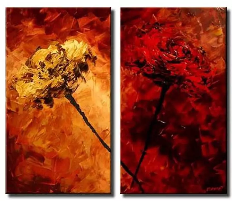 floral painting - diptych flowers painting on canvas modern textured red gold abstract floral painting