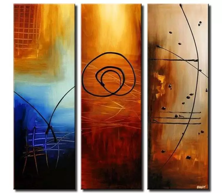 geometric painting - original modern triptych abstract painting on canvas earth tone colors living room wall art blue orange art