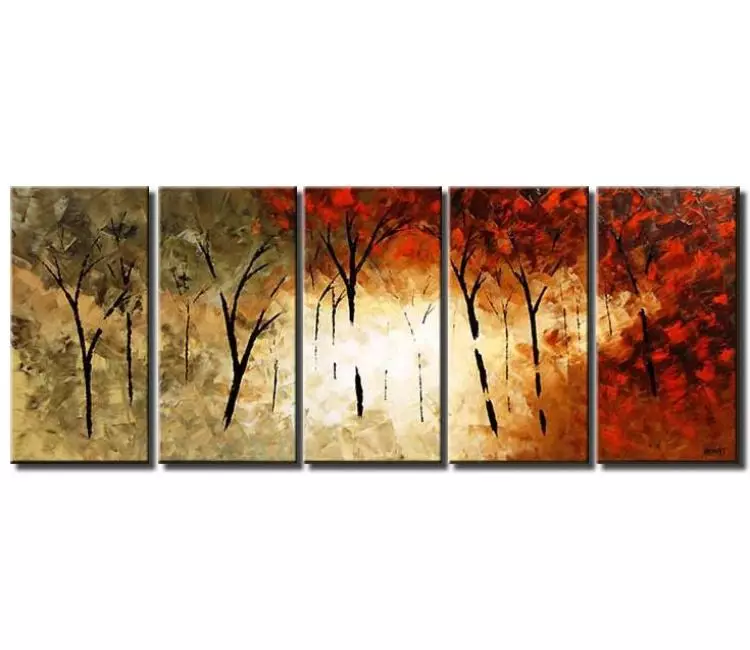 forest painting - big textured fall forest painting on canvas modern large trees painting red green living room palette knife art