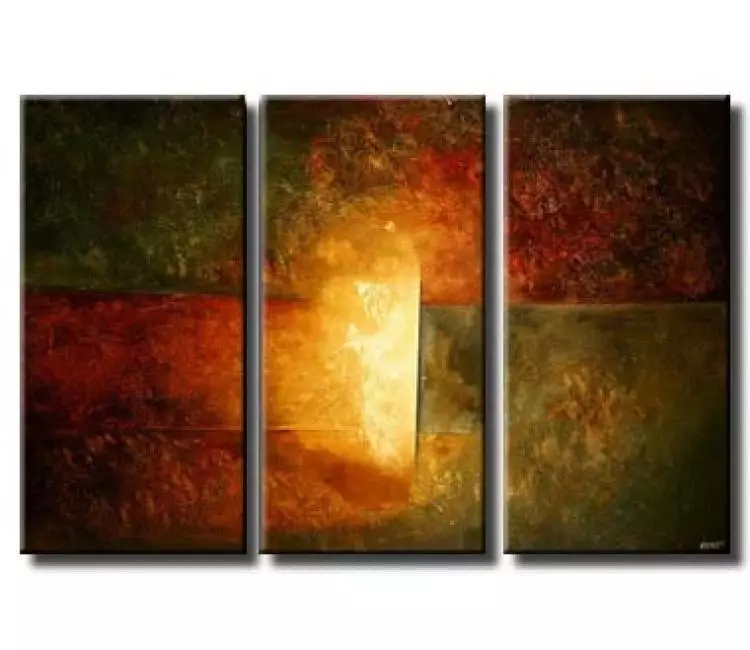 fire painting - modern triptych abstract painting on canvas in earth tone colors red green wall art
