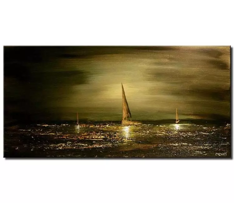 sailboats painting - olive green abstract sailboat painting on canvas original textured modern seascape painting