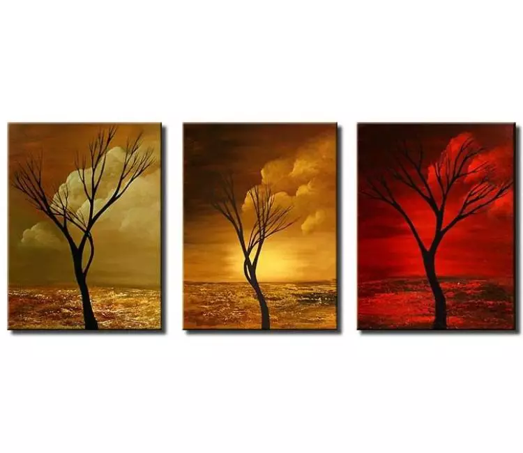 trees painting - triptych modern landscape painting on canvas original fall  tree painting in red gold green colors