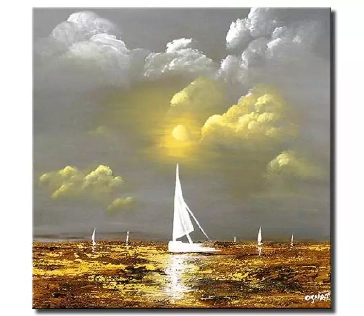 sailboats painting - grey yellow sailboat painting on canvas modern ocean painting original calming wall art