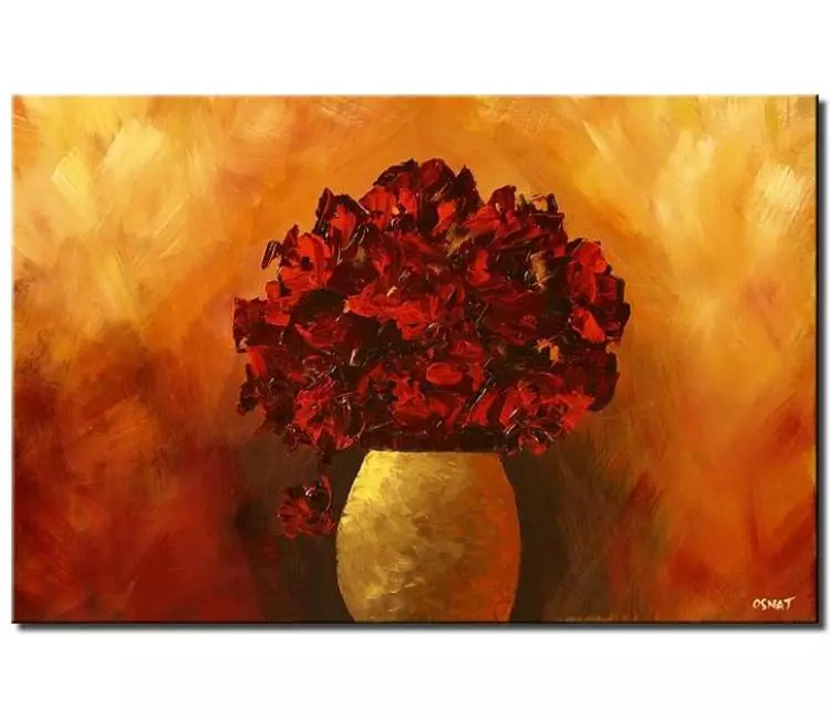 floral painting - red flowers in gold vase painting on canvas original modern wall art textured painting