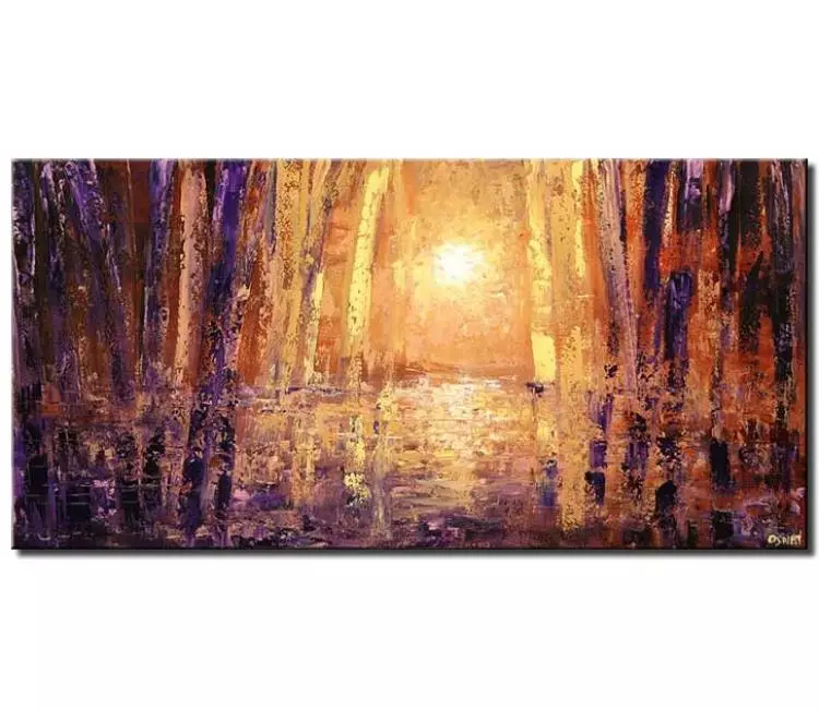 forest painting - modern abstract forest trees painting on canvas purple orange yellow textured modern dining room art