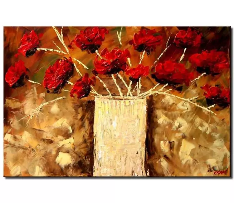 floral painting - red flowers in vase painting on canvas modern textured floral art for dining room living room