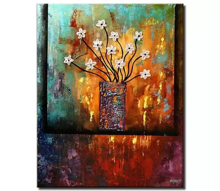floral painting - colorful abstract floral painting on canvas textured flowers in vase painting original modern wall art