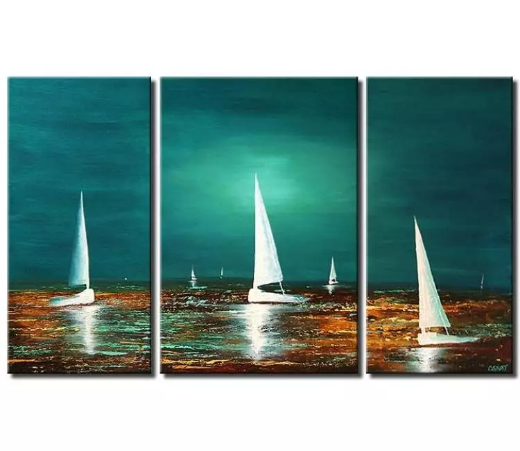 sailboats painting - big sailboats seascape painting on canvas modern ocean painting original contemporary large teal boat painting