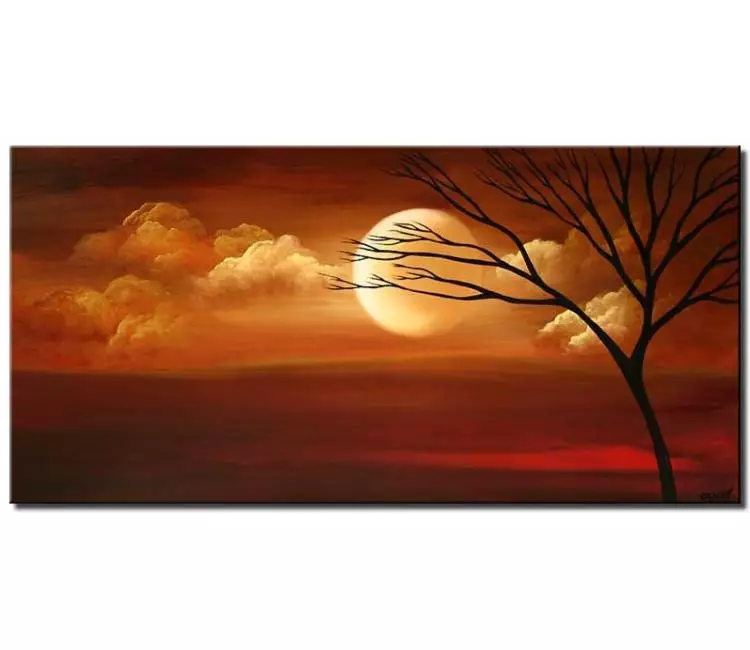 landscape paintings - abstract moon painting on canvas modern rust color landscape tree painting for living room