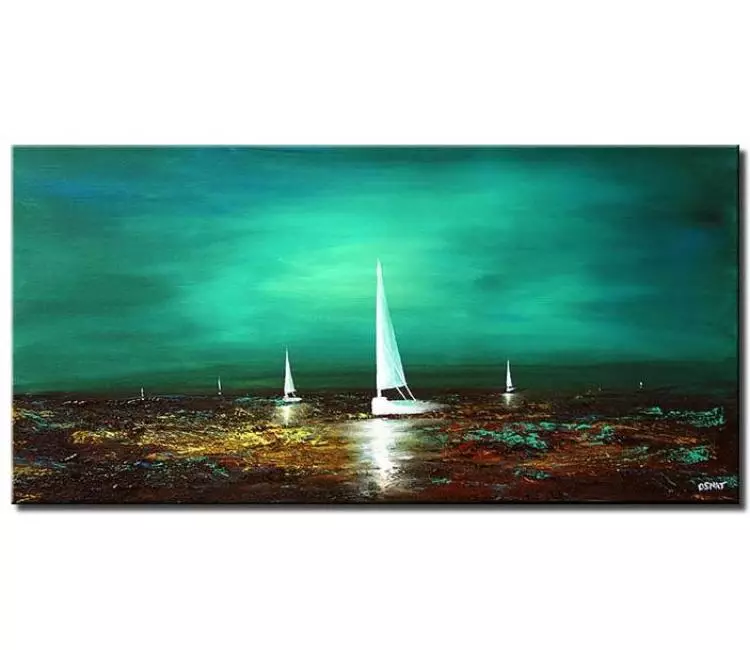sailboats painting - original sailboats painting on canvas modern teal seascape painting beautiful ocean art