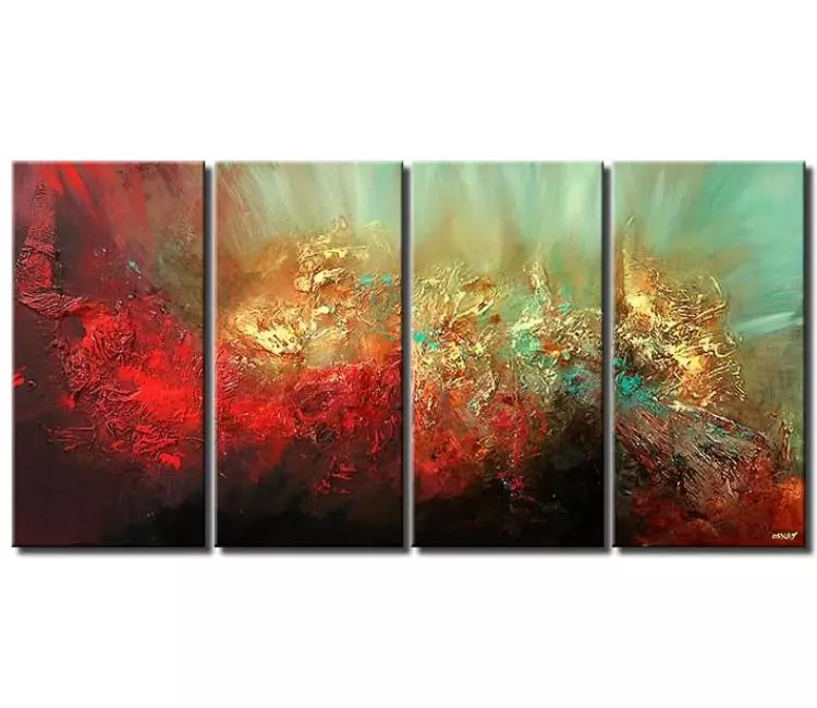 abstract painting - textured red turquoise abstract painting on canvas big modern living room wall art