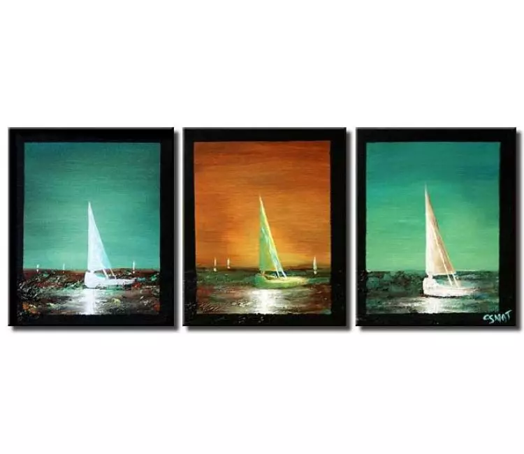 sailboats painting - big original seascape painting on canvas modern multi panel abstract sailboat painting teal rust color