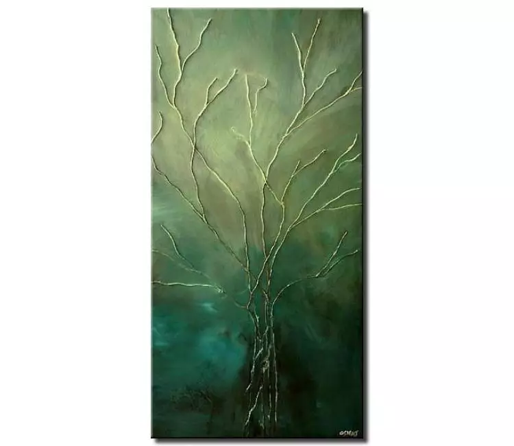 abstract painting - modern tree painting on canvas in sage green color original vertical textured painting