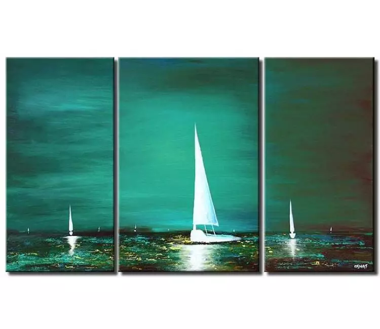 sailboats painting - large seascape painting on canvas modern sailboat painting original green abstract ocean art