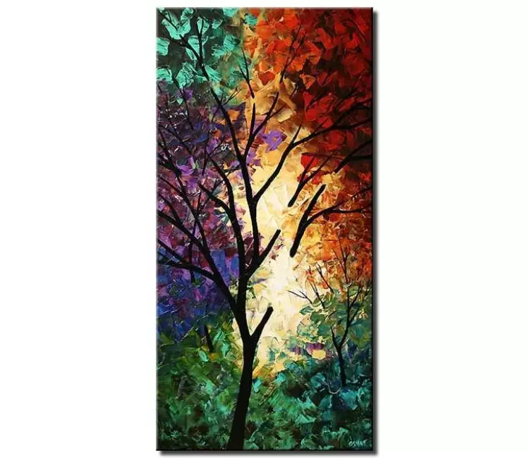 forest painting - vertical colorful abstract tree painting on canvas textured modern palette knife painting