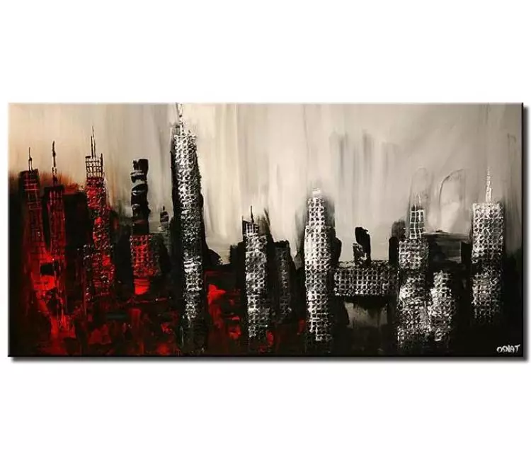 abstract painting - minimalist abstract city painting on canvas in black white red colors textured acrylic painting modern wall art
