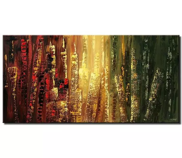 abstract painting - abstract cityscape painting on canvas textured city art in red green gold colors