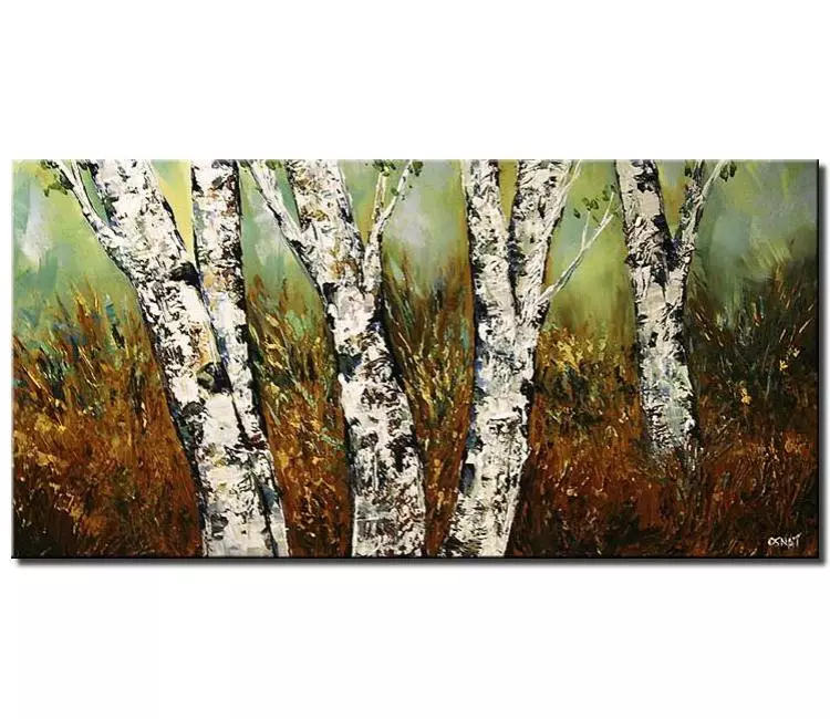 landscape paintings - modern palette knife birch trees painting on canvas textured green landscape forest painting modern living room wall art