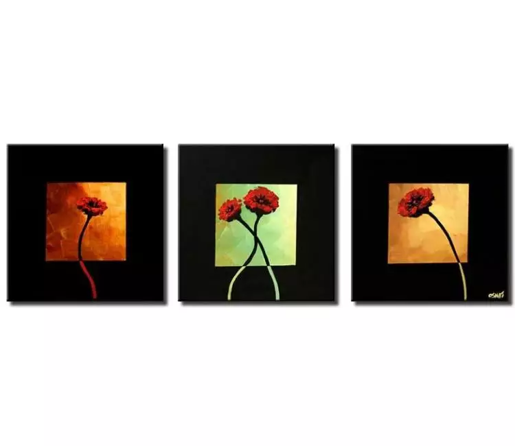 floral painting - big abstract flowers painting on canvas multi panel set of 3 floral art with black paint frame