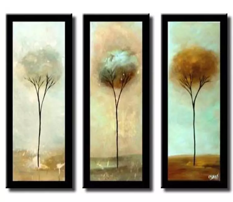 landscape paintings - Neutral trees painting on canvas modern abstract trees art  multi panel light blue wall art with black paint frame