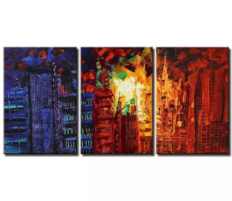 abstract painting - big modern abstract city painting on multi panel canvas blue red large city art for office and living room