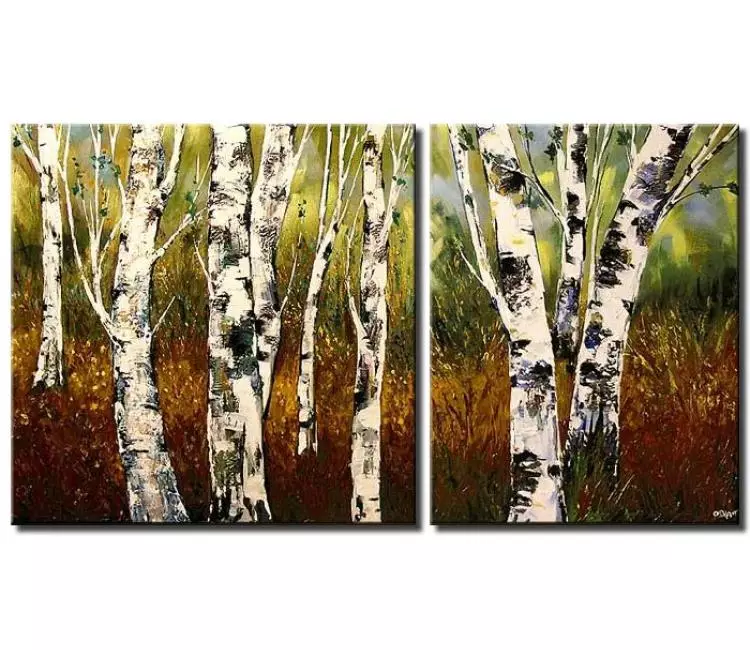 landscape paintings - large abstract birch trees forest painting on canvas original green landscape textured modern living room wall art