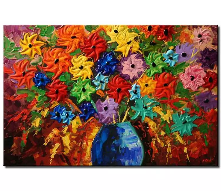 floral painting - colorful abstract flowers in vase painting on canvas modern textured dining room living room wall art