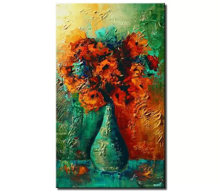 floral painting - textured modern flowers in vase painting on canvas green red abstract living room wall art