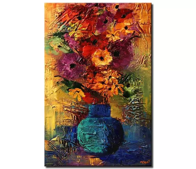 floral painting - beautiful colorful abstract flowers in vase painting on canvas modern textured vertical painting for living room