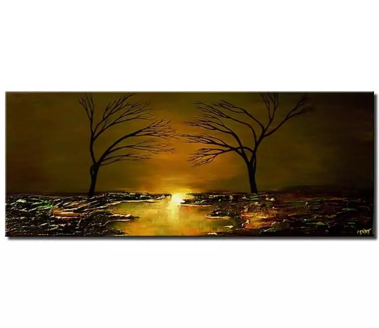 landscape paintings - green abstract landscape trees painting on canvas modern textured art
