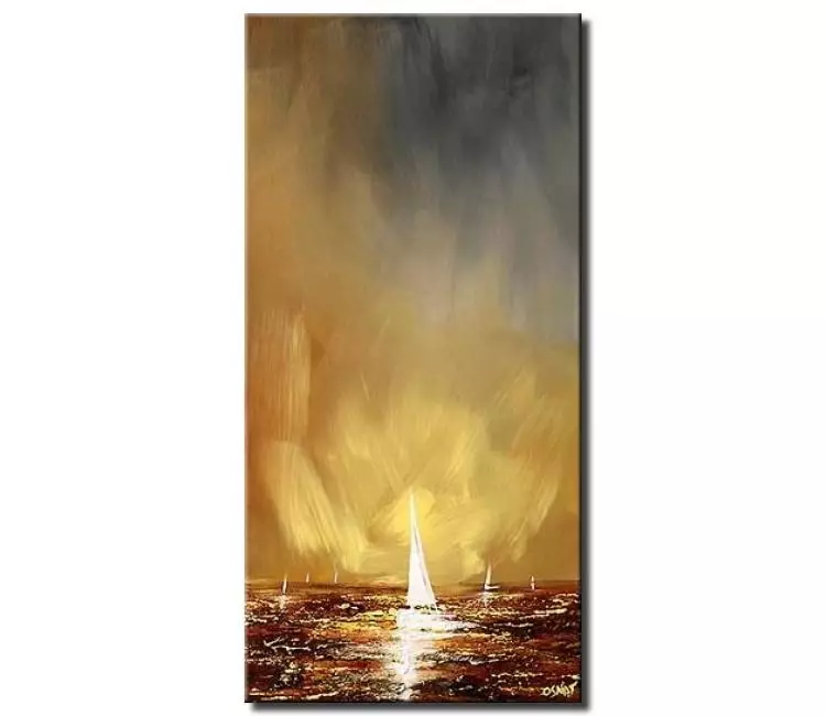 sailboats painting - vertical original seascape sailboats painting on canvas grey yellow modern art