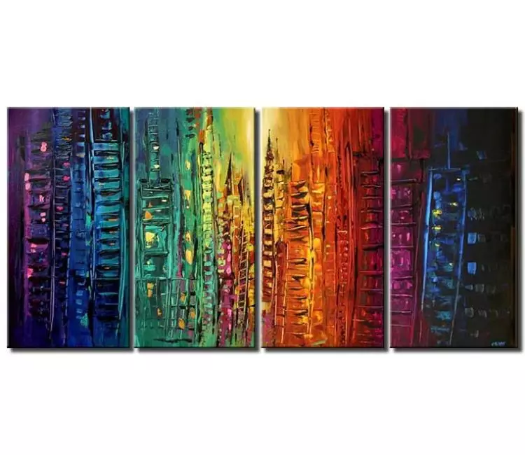 cityscape painting - large colorful abstract city painting big canvas art modern textured painting living room office art