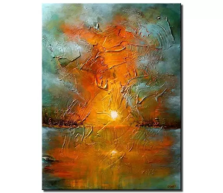landscape paintings - original textured abstract sunset painting on canvas minimalist orange light blue ocean painting