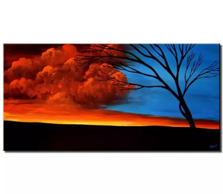 landscape painting - original abstract landscape tree painting on canvas stormy sky painting original red blue painting