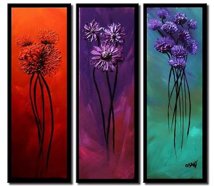 floral painting - purple turquoise red flowers painting on canvas modern textured abstract flowers multi panel art